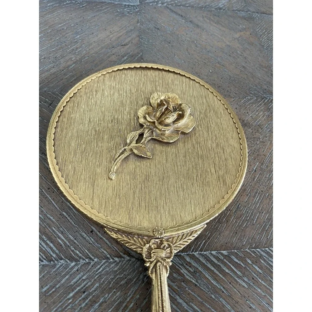 Vtg Matson Stylebuilt Hand Held Mirror 24 k Gold Tea Rose and Rope Tassel Design